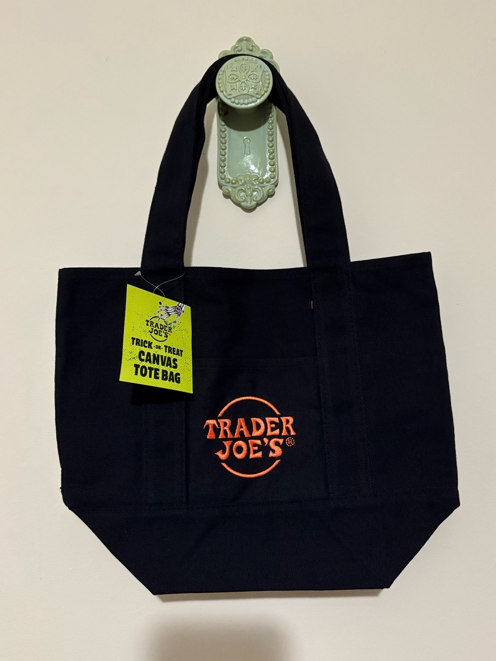 Trader Joe's Black Canvas Tote Bag with Orange Logo Halloween Trick or Treat